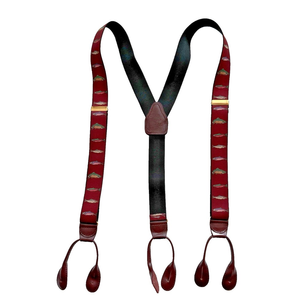 Vintage Pelican Fish Leather Braces Button Suspenders Men Red Y Back Buckle